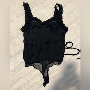 Free People Evening Ruffled Black Silk Body Suit